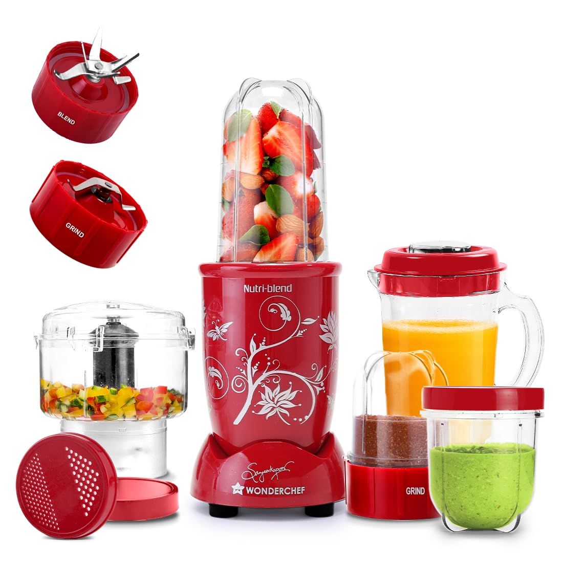 Wonderchef Nutri-blend Juicer, Mixer, Grinder & Chopper|500W 100% Full Copper Motor|Complete Kitchen Machine|4 Unbreakable Jars with Chopper| Years Warranty|Recipe Book By Chef Sanjeev Kapoor|Red Wonderchef Nutri-blend Juicer, Mixer, Grinder & Chopper|50