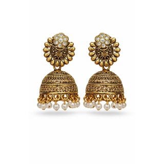 Traditional Antique Gold Jhumka Earrings with Pearl Drops for Women