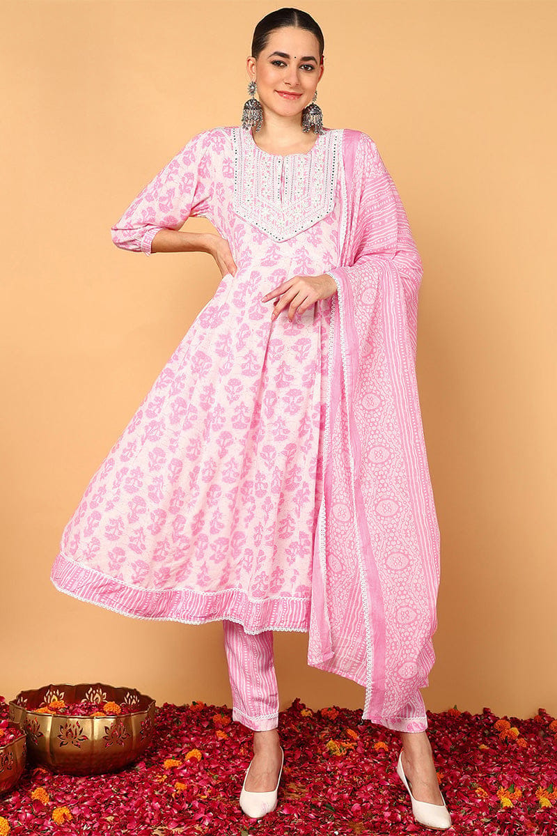 Pink Viscose Rayon Ethnic Motifs Printed Flared Kurta Trouser With Dupatta VKSKD2139