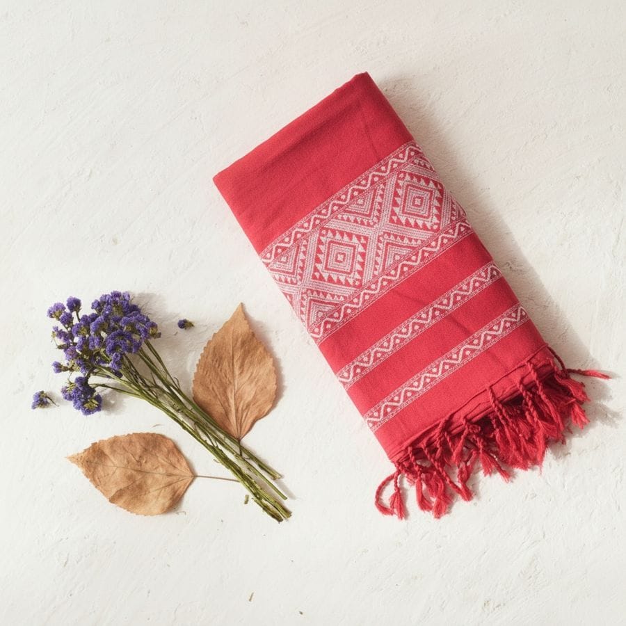 Hand-Woven Red Geometric Pattern Cotton Stole