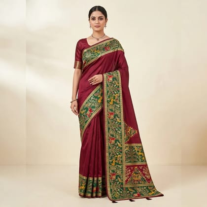 Green And Maroon Satin Silk Pattachitra Print Saree For Women Green And Maroon Satin Silk Pattachitra Print Saree For Women