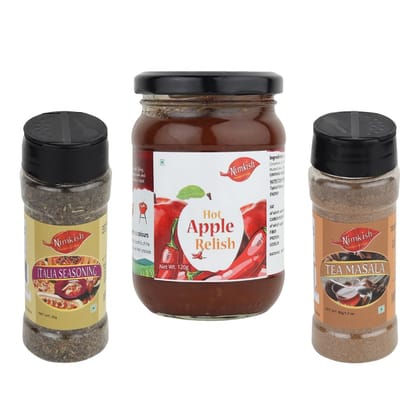 Nimkish Breakfast Essentials Combo Pack | Tea Masala, Italian Seasoning &Hot Apple Relish | Gourmet Morning Kit Nimkish Breakfast Essentials Combo Pack | Tea Masala, Italian Seasoning &Hot Apple Relish | Gourmet Morning Kit