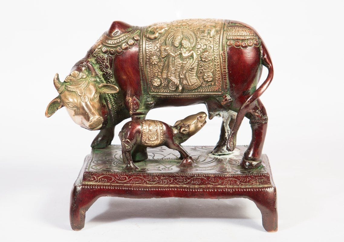 Arihant Craft� Kamdhenu Cow N Calf Idol Cow and Calf Statue Sculpture Hand Work Showpiece � 15.5 cm (Brass, Red, Green)
