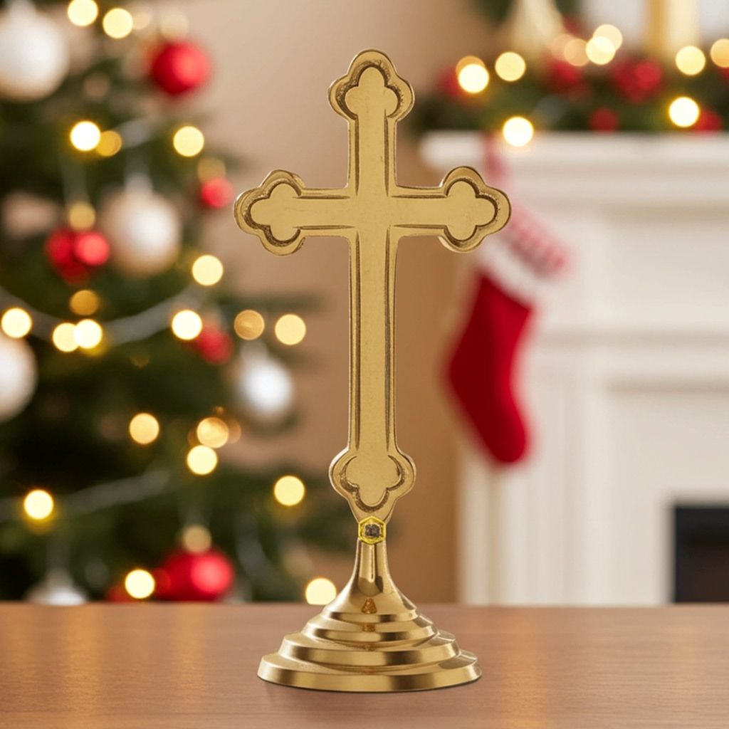 Brass Decorative Showpiece Christmas Cross � Handcrafted Religious Gift Item For Christians, Height : 7.8 Inch (FMAS486 B)