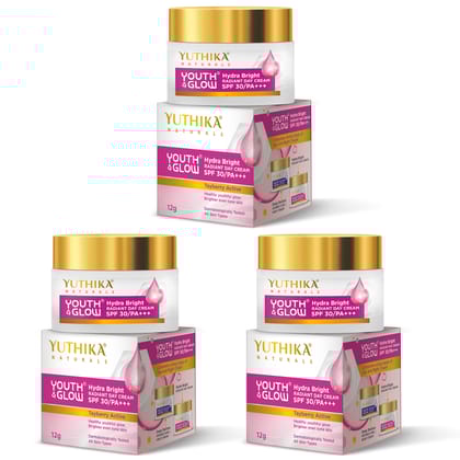 Yuthika Youth & Glow Hydra Bright Radiant Day Cream 25g Pack of 3, SPF30 PA+++ Dermatologically Tested, Tayberry Active Face Cream