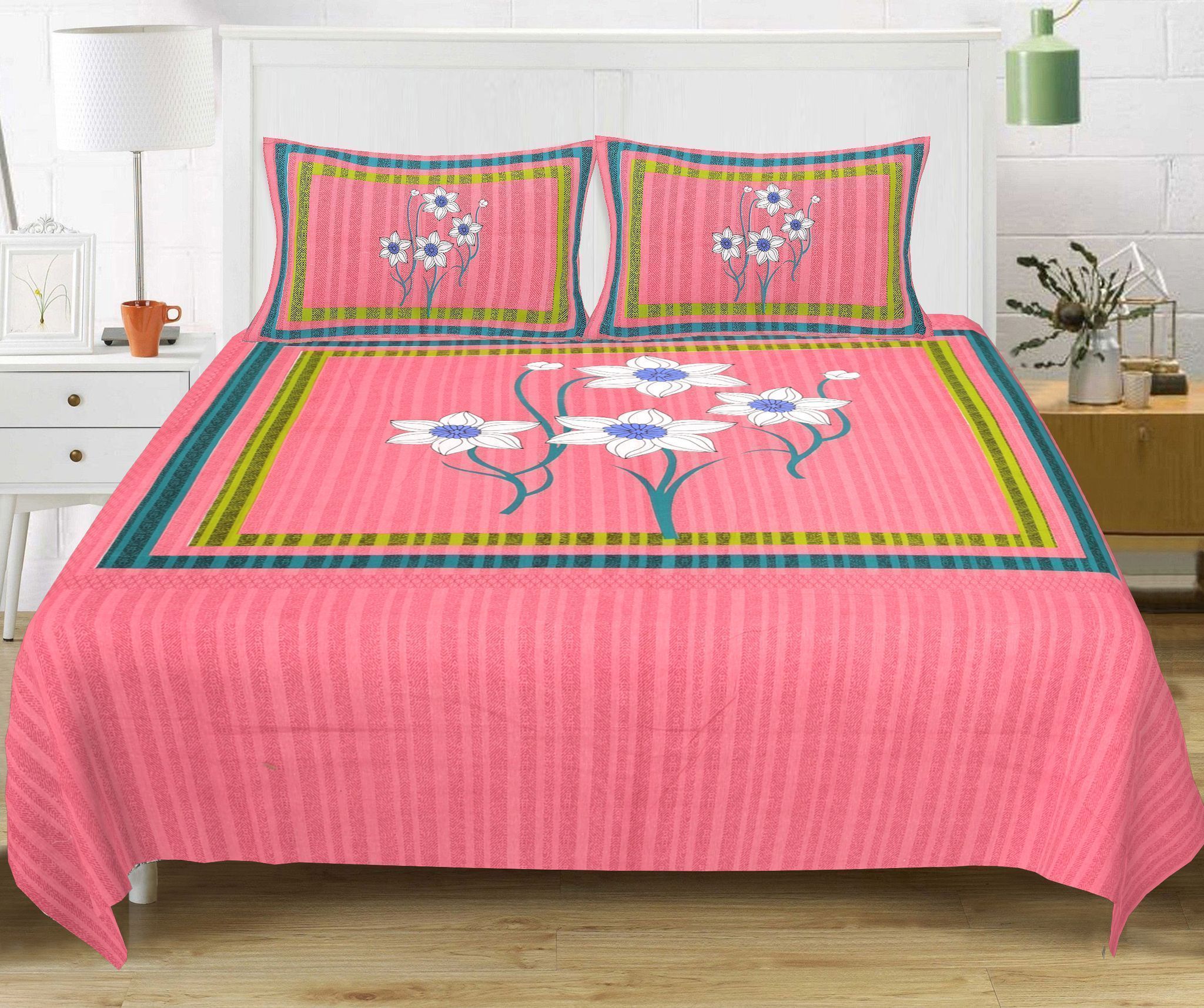 3001-Hometrade India-Standard King Size (90*108 Inches) Double Bedsheet With 2 Pillow Cover-RJ-14-Jaipur lining-3383
