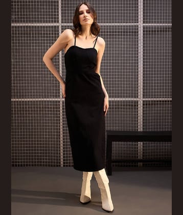 StyleStone Women Denim Solid Side Slit Dress ( Black )