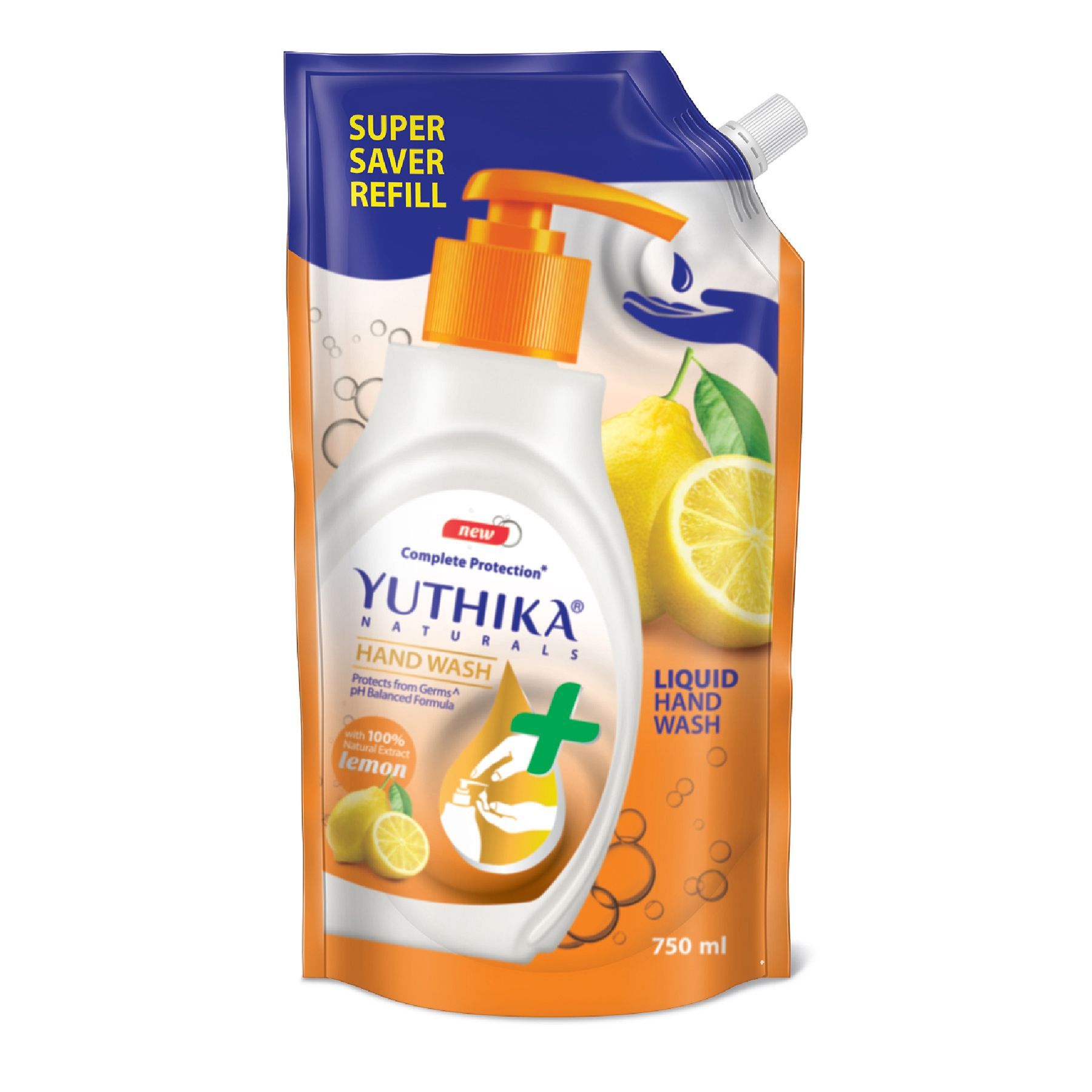 Yuthika Liquid Hand Wash Refill Pack 750ml Lemon Handwash, Complete Germ Protection Handwash with a pH Balanced Formula