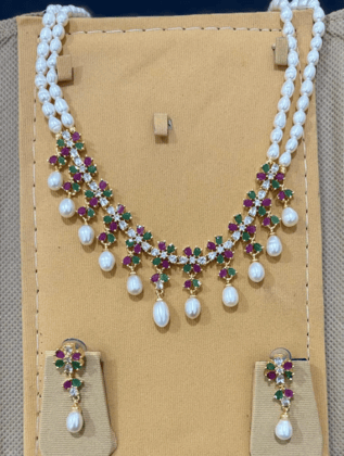 HYDERABAD NATURAL FRESH WATER TWO LAYER PEARL SET WITH MULTI COLOUR FLOWER