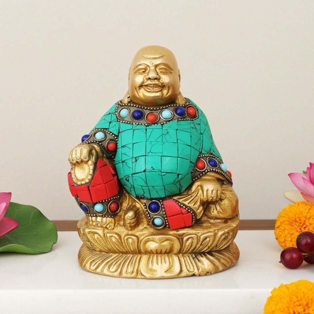 Brass Turquoise Stone Laughing Buddha Idol - Home Decor Statue, Height : 5.2 Inch (BSMAS325 D)