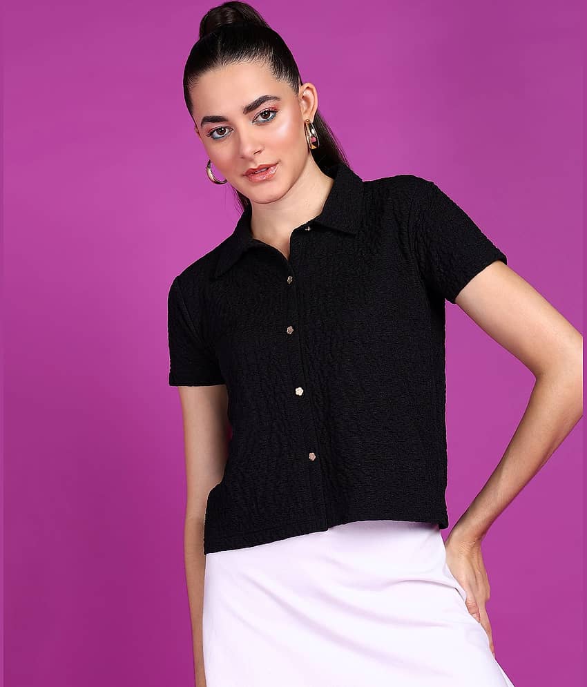 POPWINGS Women Self Design Polyester Shirt ( Black )