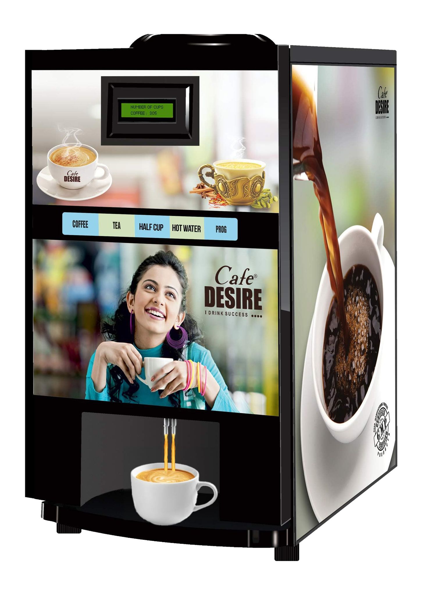 Cafe DESIRE I DRINK SUCCESS Tea Coffee Machine - 2Lane | Advanced Robust Fully Automatic Coffee Vending Machine | For Offices, Shops and Smart Homes | Make 2 Varieties of Coffee Tea with Premix Cafe DESIRE I DRINK SUCCESS Tea Coffee Machine - 2Lane | Adv