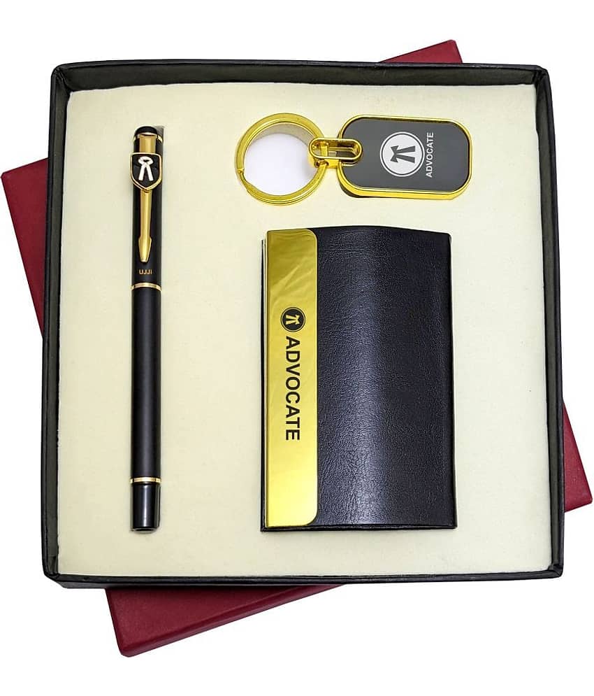 UJJi Advocate Gifts 3in1 Golden Part Black Body Pen, Keychain and ATM Card Holder