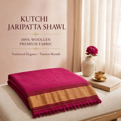 Rani Pink Kutchi Jaripatta Woollen Shawl Rani Pink Kutchi Jaripatta Woollen Shawl
