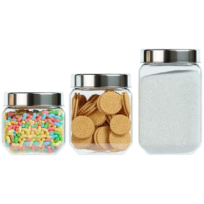 Femora Clear Glass Octo Kitchen Storage Jars, 850 ml,1150 ml, 1550 ml, Set of 3