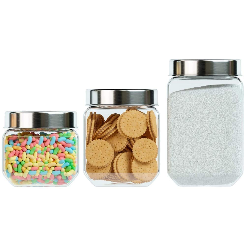 Femora Clear Glass Octo Kitchen Storage Jars, 850 ml,1150 ml, 1550 ml, Set of 3