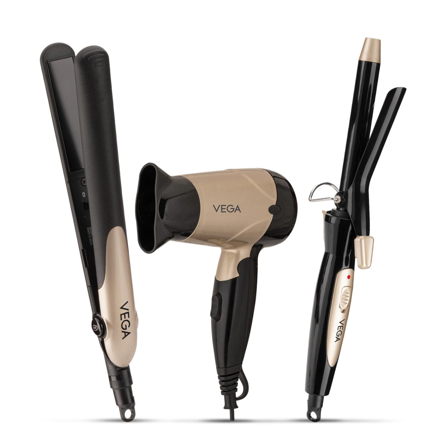 Vega Miss Versatile Styling Set Straightener, Curler & Dryer Gift Combo for Women, 1000W Hair Dryer with 2 Head/Speed Setting, Hair Straightener & Curler Comes with Ceramic Coated, (VHSS-03), Black Vega Miss Versatile Styling Set Straightener, Curler & D