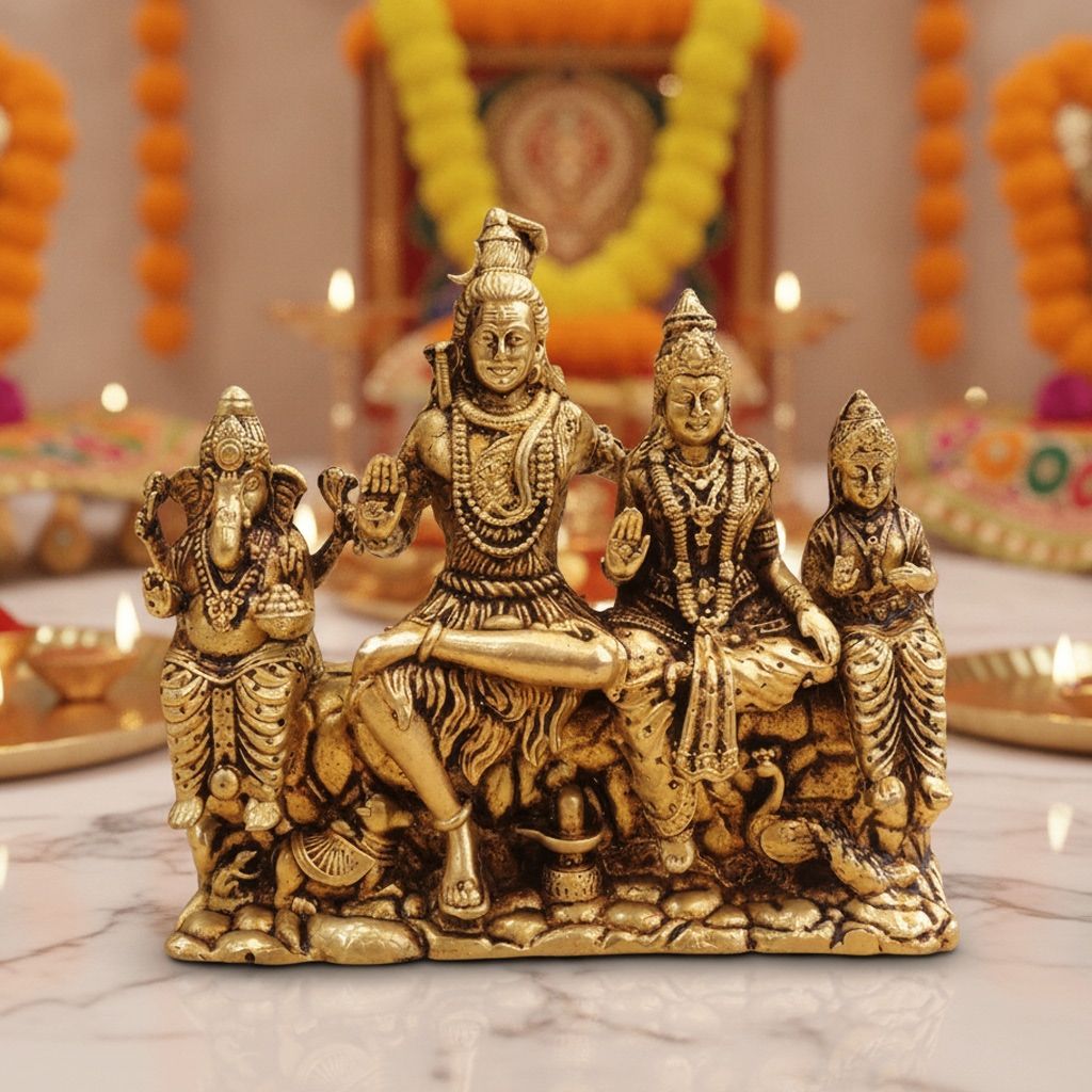 Brass Shiv Parivar Idol Statue for Home Temple, Medium Size, Height : 4.2 Inch (BSMAS1932 E)