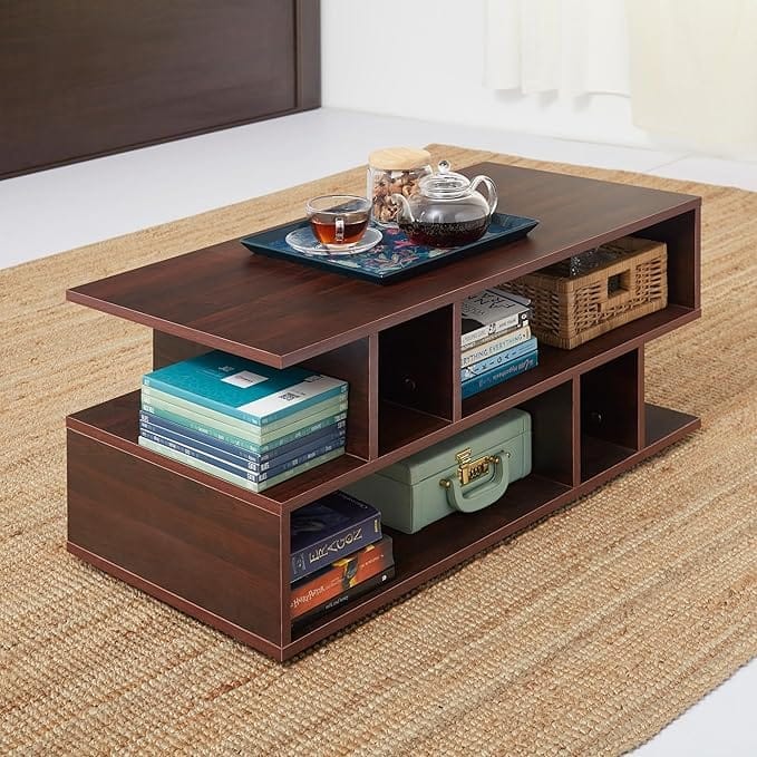 Engineered Wood Coffee Table (Walnut) | Living Room Center Table | Suede Finish | 1 Surface Top and 2 Shelves | Warranty Protected| Installation Provided