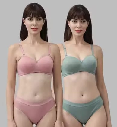 WildGirls - Bra & Panty Set Solid Pink, Green Lingerie Set (Pack Of 2) - Padded Half Cup