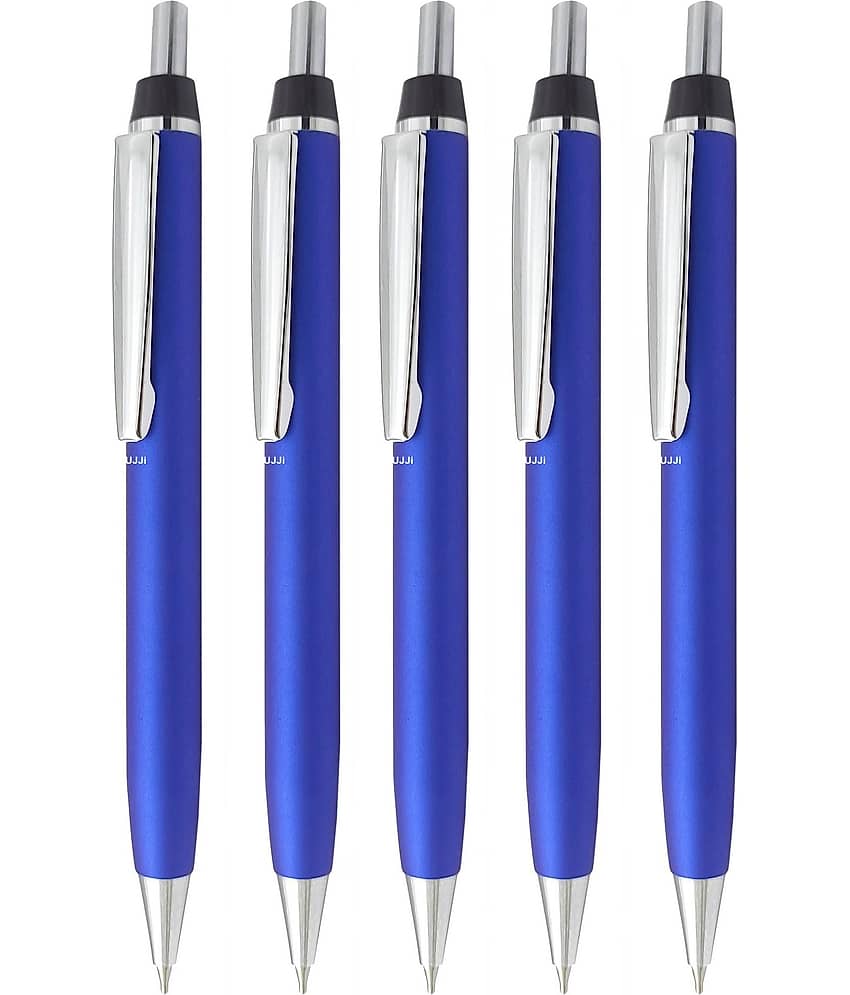 UJJi Blue Color Click on and Off Matte Finish Body Pack of 5 Retractable (Blue Ink) Metal Ball Pen