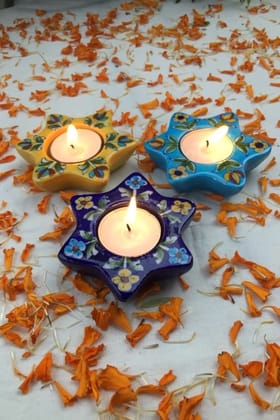 RAM GOPAL BLUE POTTERY HANDCRAFTED T-CANDLE (SET OF 4) RAM GOPAL BLUE POTTERY HANDCRAFTED T-CANDLE (SET OF 4)