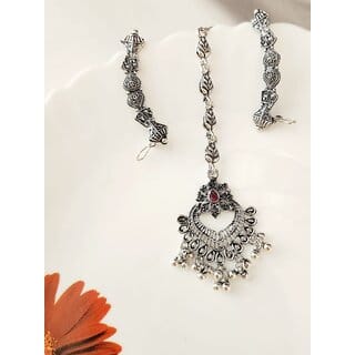Oxidized silver- plated pink stone maangtika  Earcuff Combo (set pack of 1)