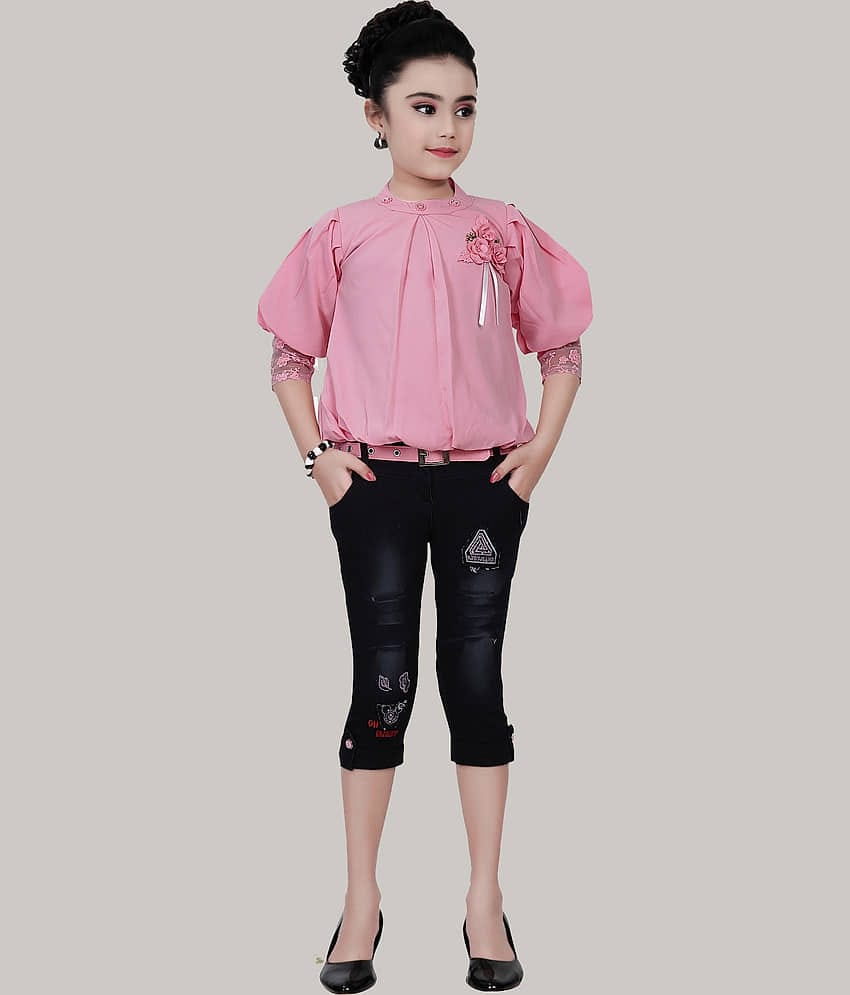 Cherry Tree Pack of 1 Girls Denim Top With Capris ( Black )