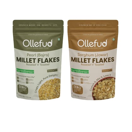 Ollefud Millet Roasted Flakes Combo | (Jowar 180g + Bajra 180g) | Unsweetened & Unsalted | Zero Oil & Maida | Naturally Low GI & Gluten Free | Pack of 2 |360g Ollefud Millet Roasted Flakes Combo | (Jowar 180g + Bajra 180g) | Unsweetened & Unsalted | Zero Oil & Maida | Naturally Low GI & Gluten Free | Pack of 2 |360g