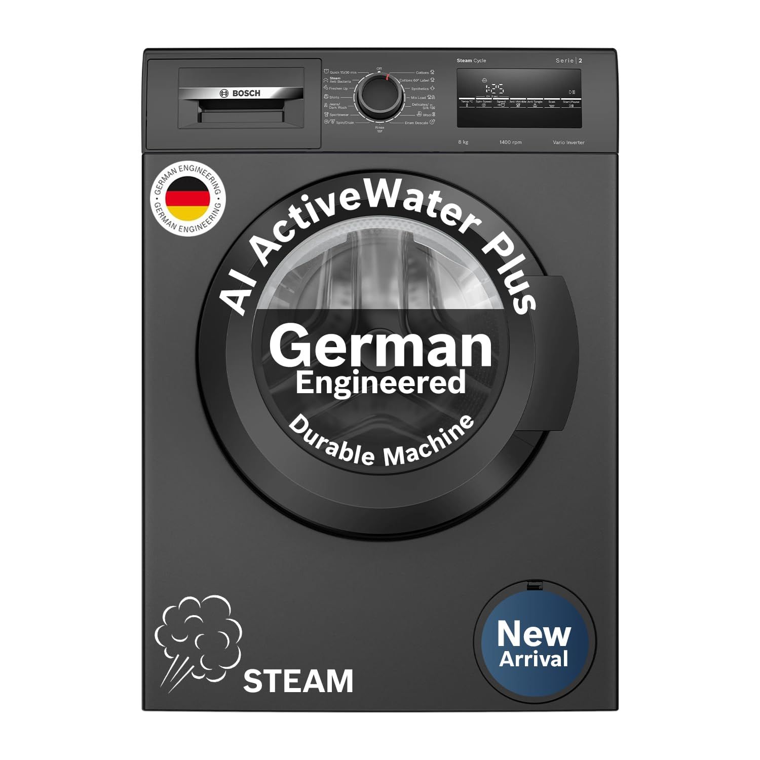 Bosch 8 kg 5 Star Front Load Fully-Automatic Washing Machine, AI ActiveWater,15 Wash Programs, Removes 99.9% Germs with Steam, No Tangle or Wrinkle, Zero Vibration, Black/Grey, WAJ2826CIN Bosch 8 kg 5 Star Front Load Fully-Automatic Washing Machine, AI A