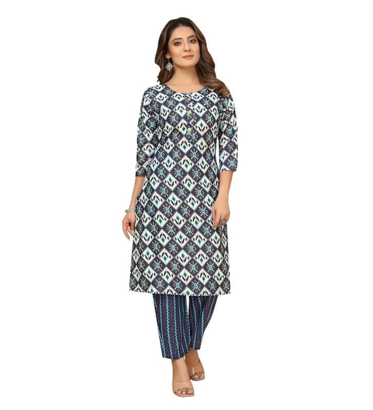 Women's Casual 3/4th Sleeve Printed Cotton Kurti Set (Blue, S)-PID46123