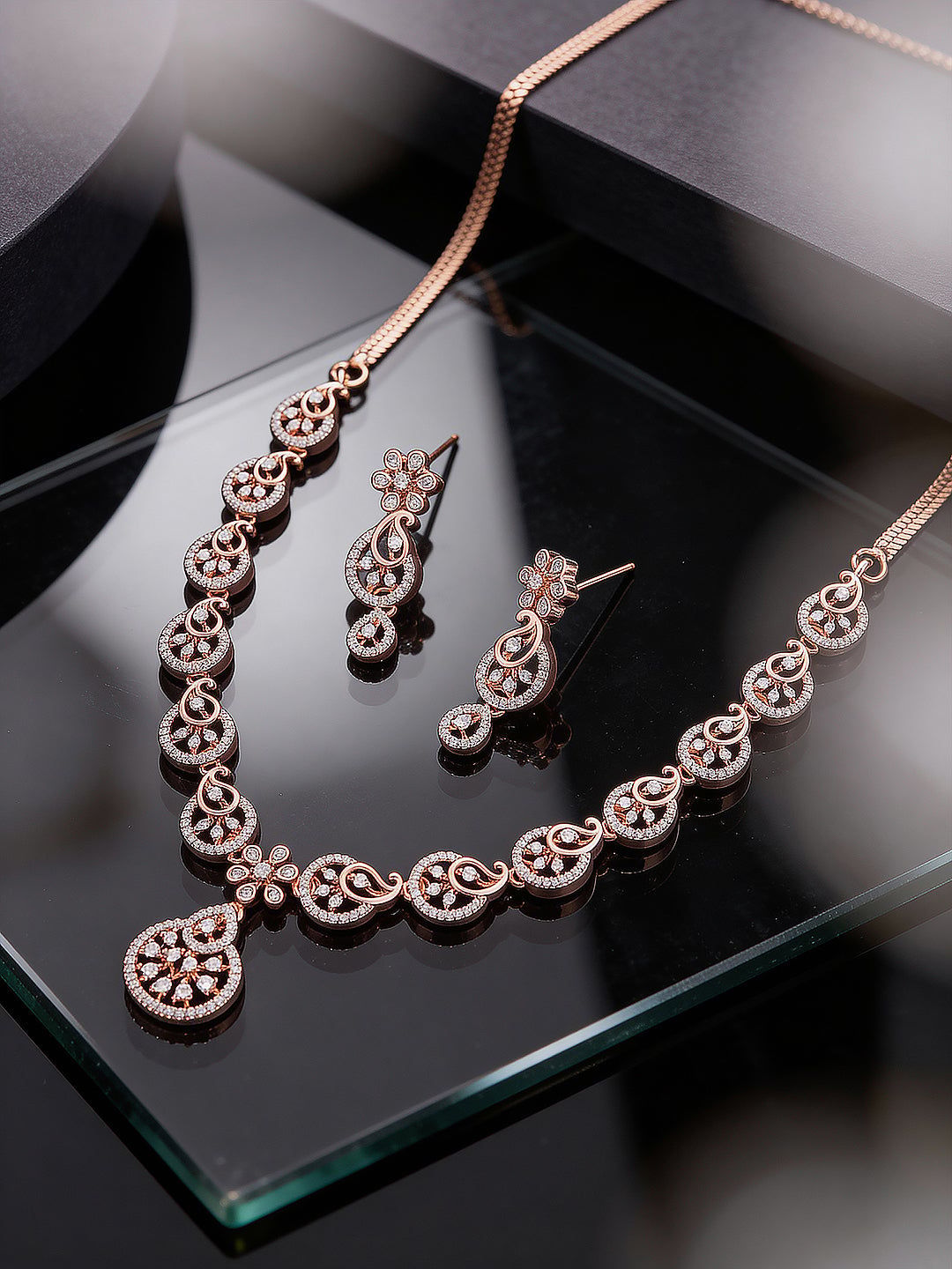 Rose Toned White AD  Zircon Studded Mango Design Statement Jewellery Set