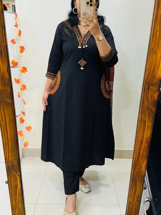 Beautiful kurti pant dupatta set in Premium  Cotton  * with *Heavy Embroidery work in Neckline , pockets and sleeves with coins and attached tussels in yoke paired with Azrak Cotton dupatta