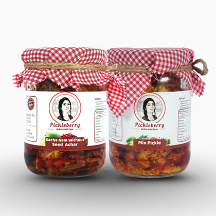 Pickleberry Raw Mango Without Seed + Mix Pickle Combo | Low-Oil | Handmade Small Batch | 1 KG (2 � 500g) Pickleberry Raw Mango Without Seed + Mix Pickle Combo | Low-Oil | Handmade Small Batch | 1 KG (2 � 500g)