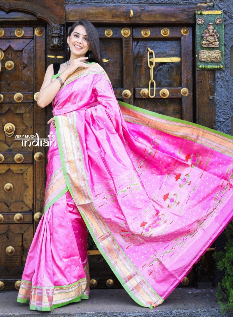 Utsaav ~ Exclusive Traditional Paithani ~ Pastel Pink with Green Border, Silver and Golden Zari Buttis and Unique Pallu