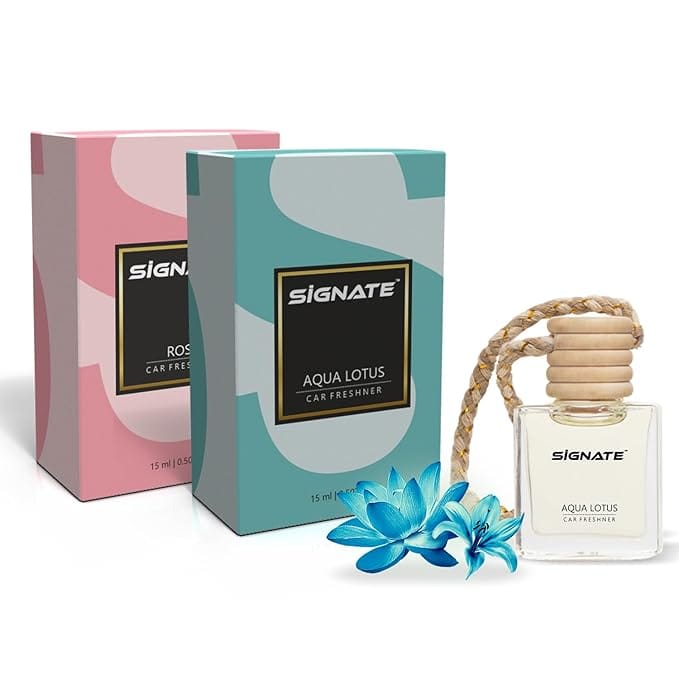 Signate Car Perfume with Natural Fragrance Essential Oils | Car Air Fresheners Long Lasting Upto 90 Days | Hanging Pod in Glass Bottle with Wooden Diffuser Lid – (Aqua Lotus Air 15ML + Rose 15ML)