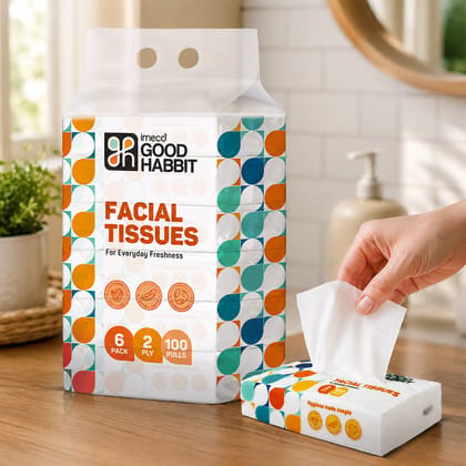 Imeco India Good Habbit Extra Soft 2-Ply Facial Tissues (6 Pack, 100 Pulls) | High Absorbency | Everyday Hygiene