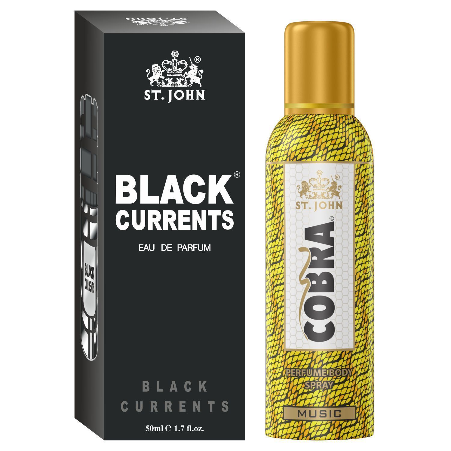 ST-JOHN Cobra Deodrant No Gas Music 100ml & Black Current 50ml Perfume Combo Pack Perfume Body Spray - For Men & Women (150 ml, Pack of 2)