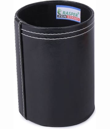 Rasper Genuine Leather Black Pen Holder for Office Table Stylish Round Pen Pencil Holder Desk Organizer Multipurpose Pen Stand Holder (3x3x4 Inches)