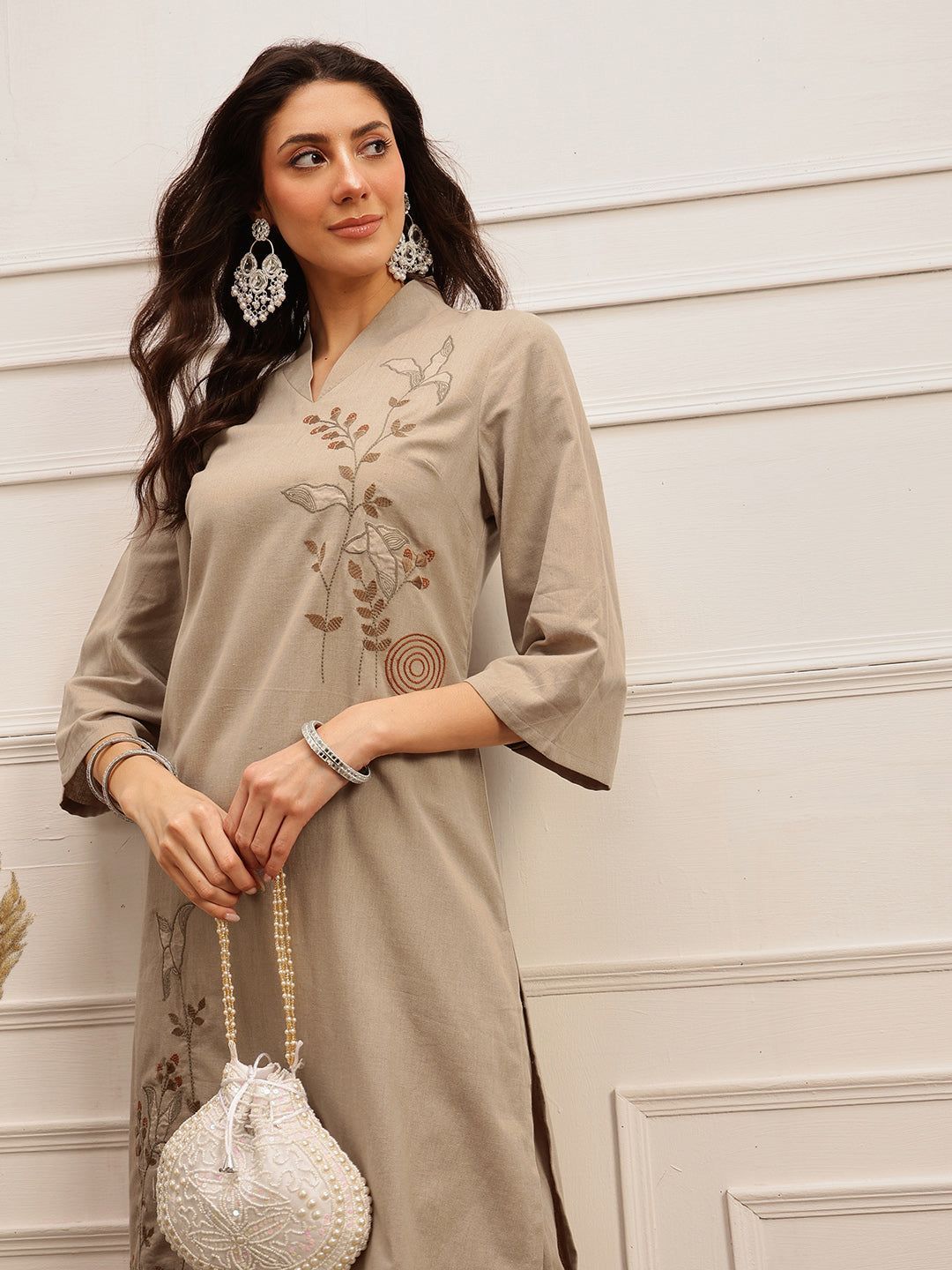 Taupe Embroidered Kurta Set