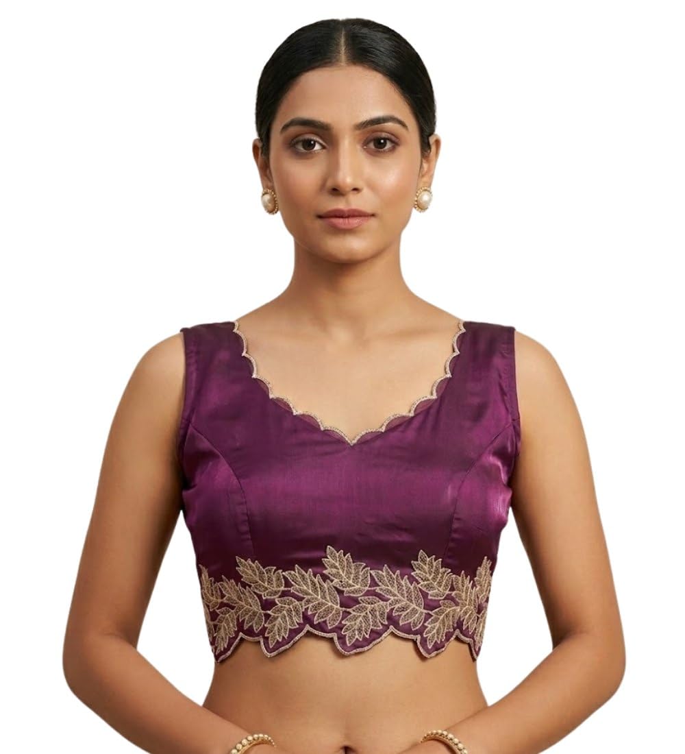 Women's Silk Embroidered Sweetheart Neck Sleeveless Readymade Padded Blouse (Wine, Size 38)-PID66644