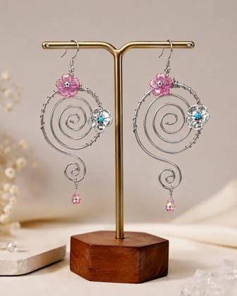 Kaantiva Designer Spiral Wire Dangle Earrings with Pink Floral Accents & Crystal Drops