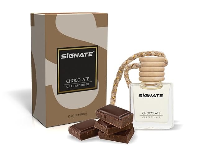 Signate Car Perfume with Natural Fragrance Essential Oils | Car Air Fresheners Long Lasting Upto 90 Days | Hanging Pod in Glass Bottle with Wooden Diffuser Lid 15ml (Chocolate Air)