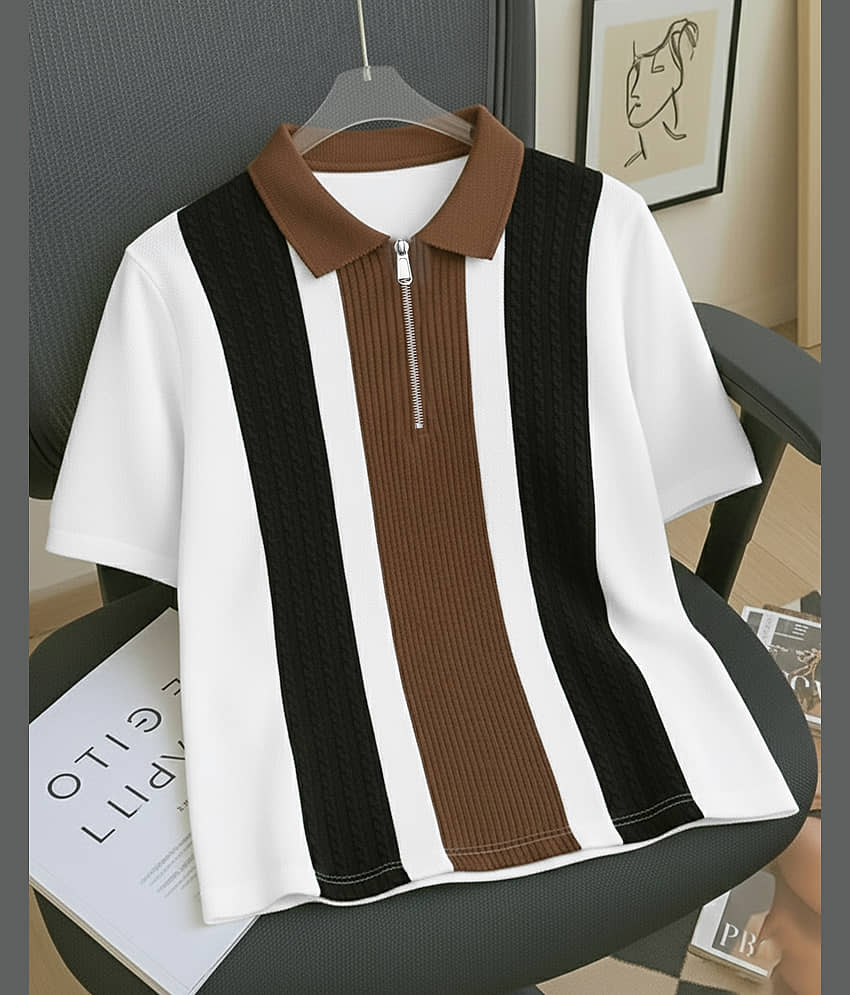 AUSK Men Cotton Blend Regular Fit Striped Polo T Shirt ( Coffee )