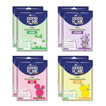 Good Home Aroma Perfumed Air Freshener Assorted Fragrance of Citrus, Rose, Jasmine, Lavender | For Bathroom, Car & Wardrobe | Lasts Up to 30 days (pack of 8)80Gg Good Home Aroma Perfumed Air Freshener Assorted Fragrance of Citrus, Rose, Jasmine, Lavender | For Bathroom, Car & Wardrobe | Lasts Up to 30 days (pack of 8)80Gg