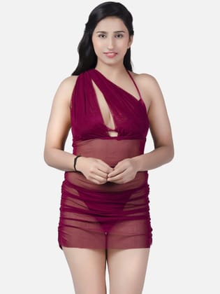 Sheer Net Hot Wine Babydoll Bikini Night Dress for Honeymoon K11W