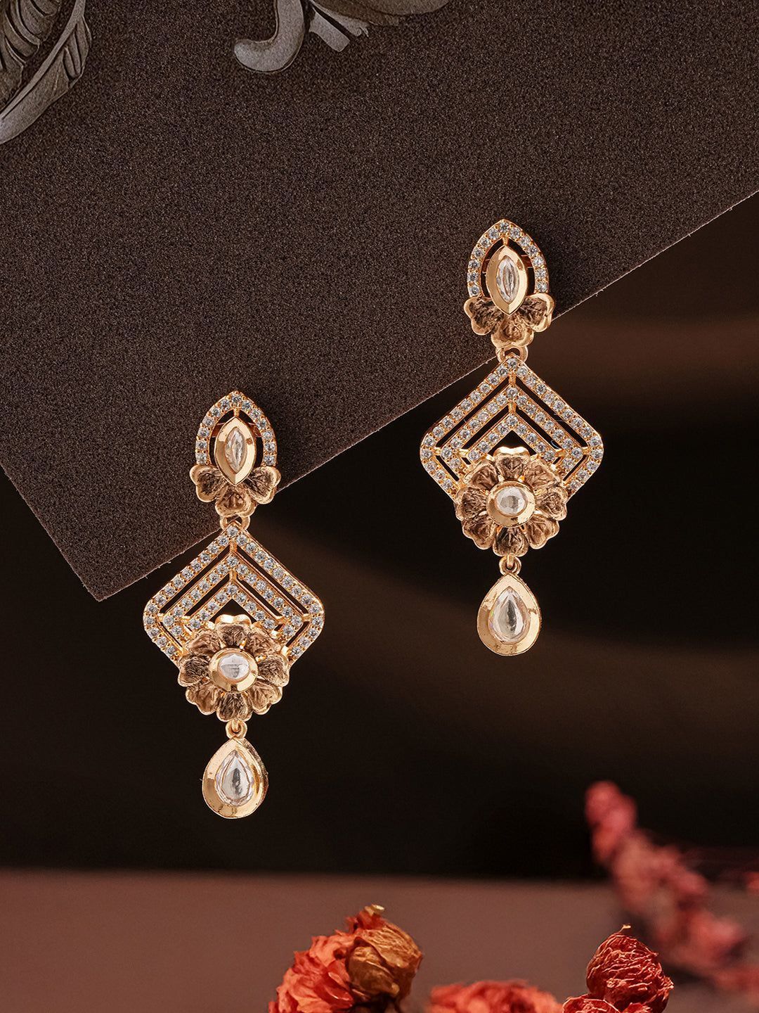 Gold Plated Uncut Polki Kundan Mossanite Studded Floral Dropdown Minimal earrings