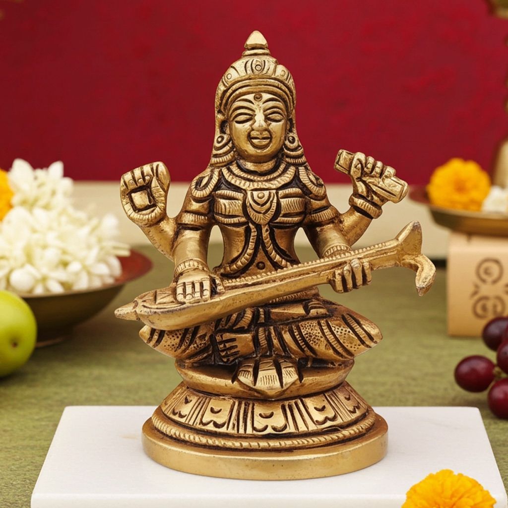 Brass Saraswati Devi God Idol - Classic Handcrafted Statue, Height : 3.5 Inch (BSMAS1461 S)
