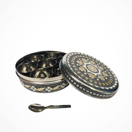 NAVRANG Stainless Steel Spice Box Masala Box Decorative Containersr (7 Steel Cups With 1 Spoon Oxidized)