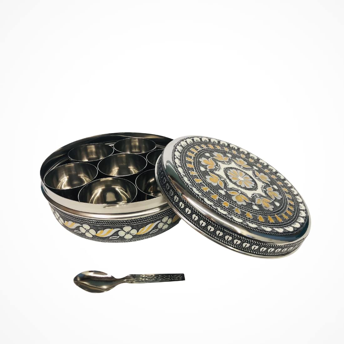 NAVRANG Stainless Steel Spice Box Masala Box Decorative Containersr (7 Steel Cups With 1 Spoon Oxidized)